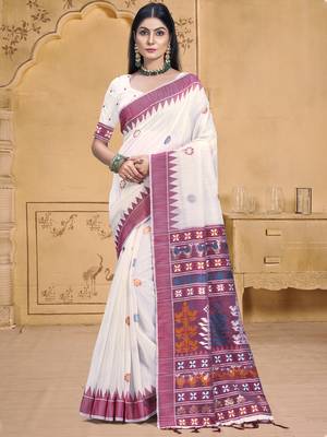 Sangam prints cream cotton woven work festival saree 1