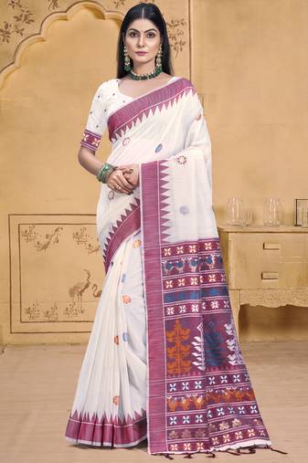 Sangam prints cream cotton woven work festival saree