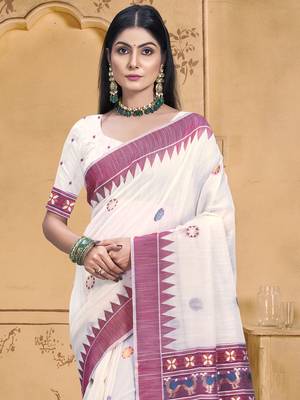 Sangam prints cream cotton woven work festival saree 2
