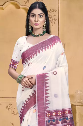 Sangam prints cream cotton woven work festival saree