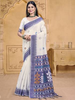 Sangam prints cream cotton woven work festival saree 1