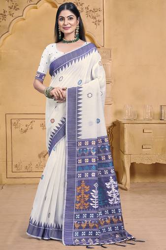Sangam prints cream cotton woven work festival saree
