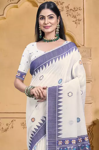 Sangam prints cream cotton woven work festival saree