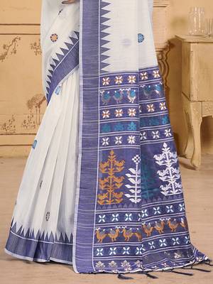 Sangam prints cream cotton woven work festival saree 3