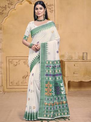 Sangam prints cream cotton woven work festival saree 1