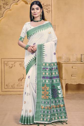 Sangam prints cream cotton woven work festival saree