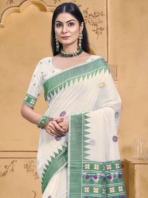 Sangam prints cream cotton woven work festival saree 2