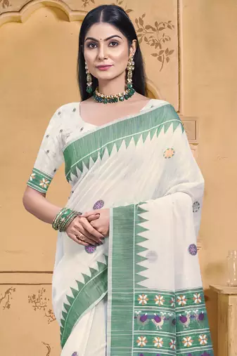 Sangam prints cream cotton woven work festival saree