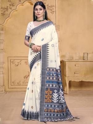 Sangam prints cream cotton woven work festival saree 1