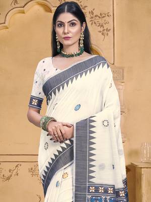 Sangam prints cream cotton woven work festival saree 2