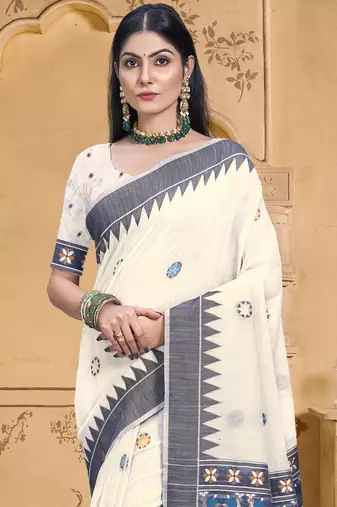 Sangam prints cream cotton woven work festival saree