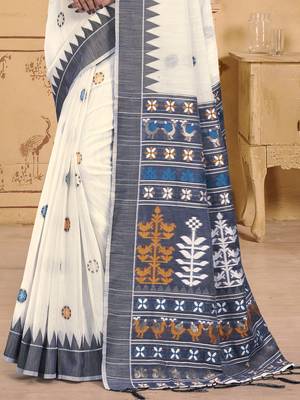 Sangam prints cream cotton woven work festival saree 3