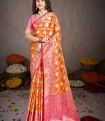 Sangam prints orange silk woven work traditional saree