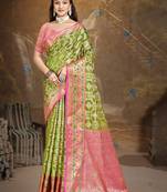 Sangam prints olive green silk woven work traditional saree