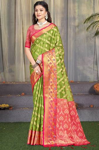 Sangam prints olive green silk woven work traditional saree