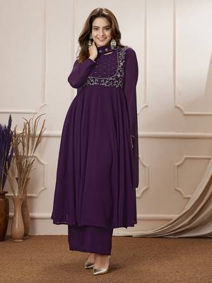Janasya women's purple georgette embroidered anarkali palazzo set 1
