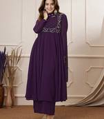 Janasya women's purple georgette embroidered anarkali palazzo set