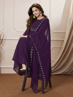 Janasya women's purple georgette embroidered anarkali palazzo set 3