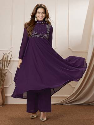Janasya women's purple georgette embroidered anarkali palazzo set 4