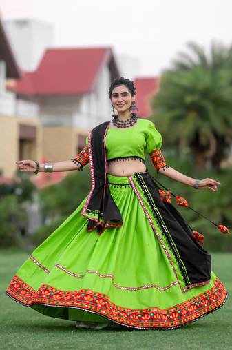 Black & Parrot-Green Colored Elegance Tradition And Navratri Garba Vibes With This Gamthi Work Chaniya Choli