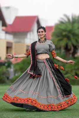 Black & Grey gamthi Work Chaniya Choli- Full stitched free size 1