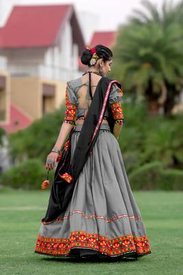 Black & Grey gamthi Work Chaniya Choli- Full stitched free size 3