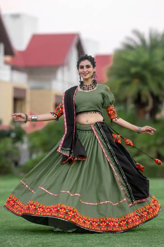 Glamourous Black & Olive-Green Colored Elegance Tradition And Navratri Garba Vibes With This Gamthi Work Chaniya Choli