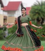 Glamourous Black & Olive-Green Colored Elegance Tradition And Navratri Garba Vibes With This Gamthi Work Chaniya Choli