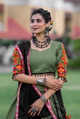Glamourous Black & Olive-Green Colored Elegance Tradition And Navratri Garba Vibes With This Gamthi Work Chaniya Choli 2
