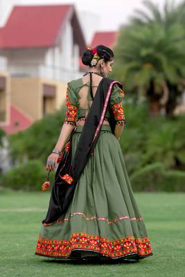 Glamourous Black & Olive-Green Colored Elegance Tradition And Navratri Garba Vibes With This Gamthi Work Chaniya Choli 4