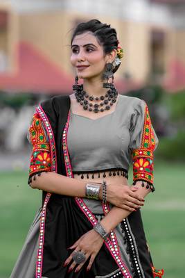 Black & Grey gamthi Work Chaniya Choli- Full stitched free size 4