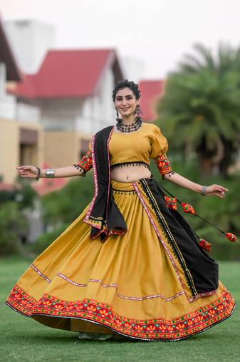 Black & Mustard Colored Elegance Tradition And Navratri Garba Vibes With This Gamthi Work Chaniya Choli