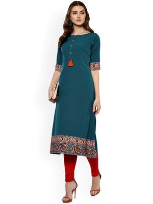 Janasya women's teal blue crepe floral print a-line kurta 1