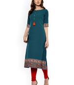 Janasya women's teal blue crepe floral print a-line kurta