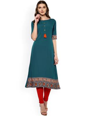 Janasya women's teal blue crepe floral print a-line kurta 2