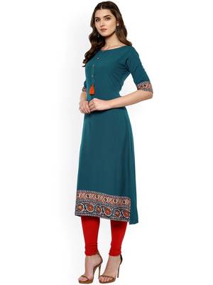 Janasya women's teal blue crepe floral print a-line kurta 3