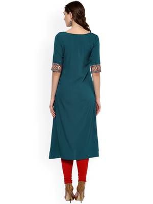 Janasya women's teal blue crepe floral print a-line kurta 4