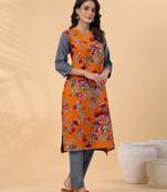 Janasya women's orange crepe floral block print straight kurta