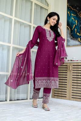 Burgundy cotton embriodery work straight kurti pant dupatta set 1