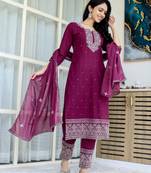 Burgundy cotton embriodery work straight kurti pant dupatta set