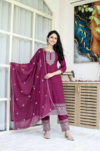 Burgundy cotton embriodery work straight kurti pant dupatta set