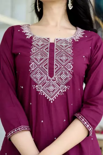 Burgundy cotton embriodery work straight kurti pant dupatta set