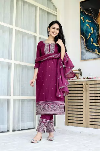 Burgundy cotton embriodery work straight kurti pant dupatta set