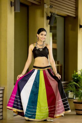  Multi-Coloured Plain Kali With Gota- Lace And Cowrie (Kodi) Worked Cotton Chaniya Choli