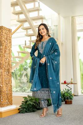 Blue  cotton    embriodery  work straight  kurti pant dupatta set 1