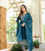 Blue  cotton    embriodery  work straight  kurti pant dupatta set