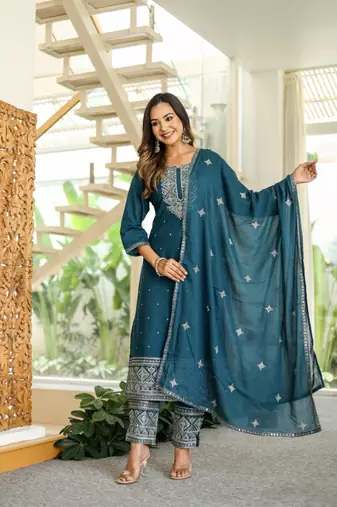 Blue  cotton    embriodery  work straight  kurti pant dupatta set