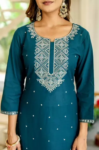 Blue  cotton    embriodery  work straight  kurti pant dupatta set