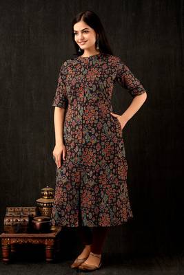 Black  cotton katha    printed   a-line   kurti  set 1