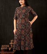 Black  cotton katha    printed   a-line   kurti  set